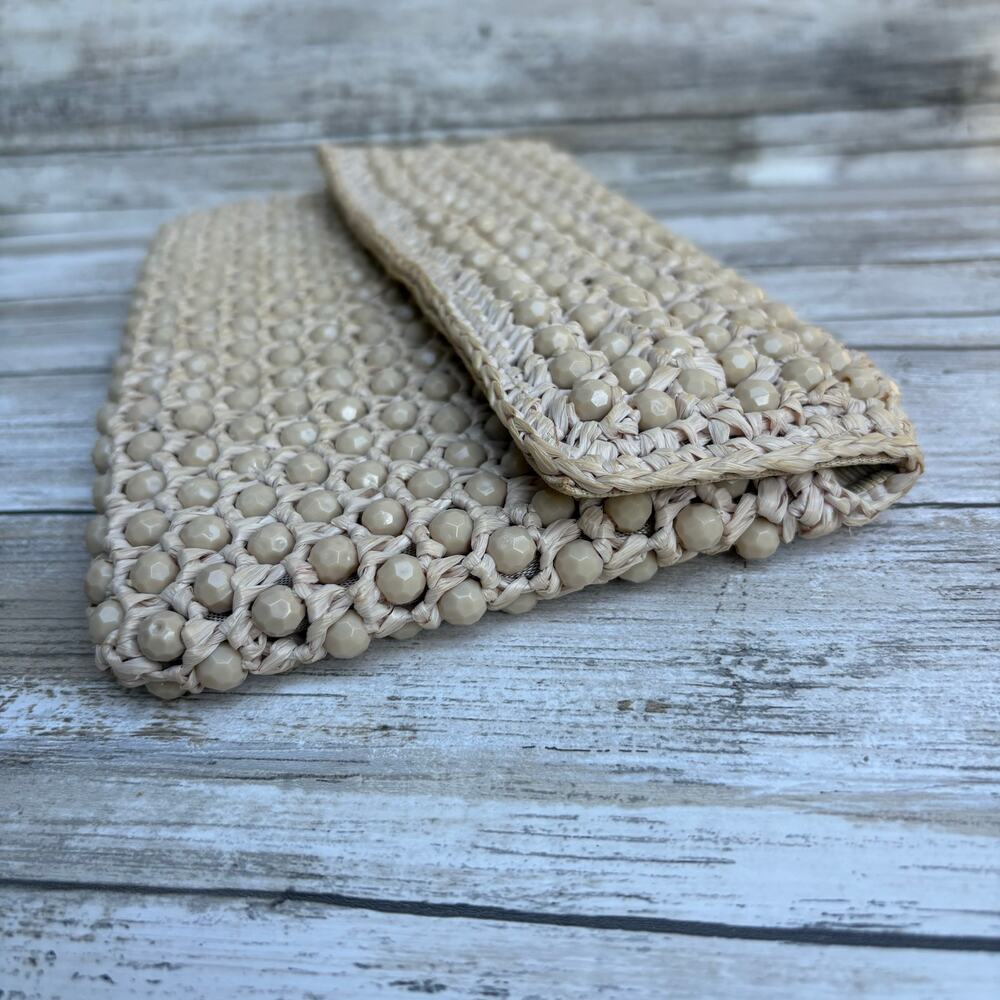 Barbara Lee Vintage Beaded Raffia Clutch Tan Beige Good Woven Made in Italy - Picture 3 of 12